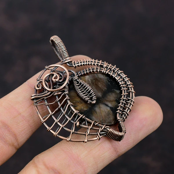 Chiastolite Pentagon Brown Handmade Copper Wire Wrapped Pendant