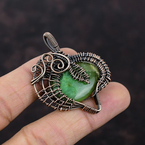 Chrysoprase Oval Green Handmade Copper Wire Wrapped Pendant