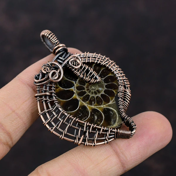 Ammonite Fossil Pear Brown Handmade Copper Wire Wrapped Pendant