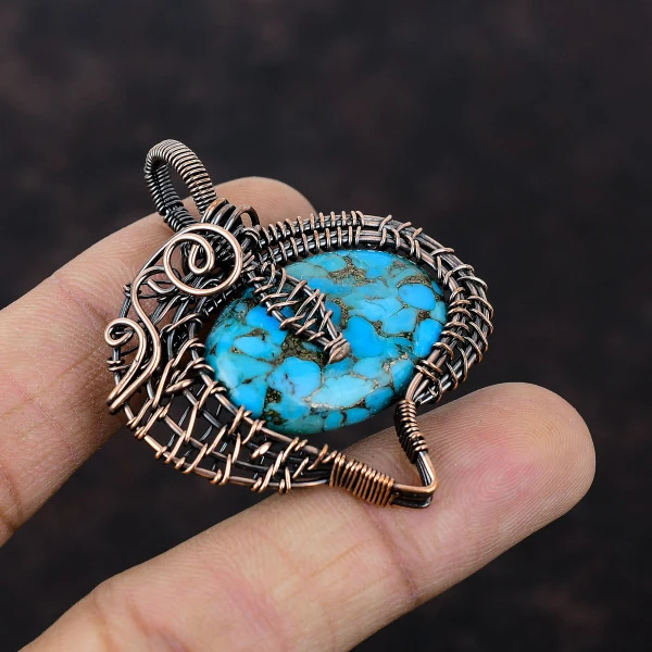 Copper Blue Turquoise Oval Blue Handmade Copper Wire Wrapped Pendant