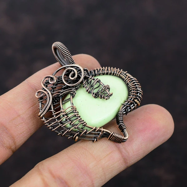Lemon Chrysoprase Oval Green Handmade Copper Wire Wrapped Pendant