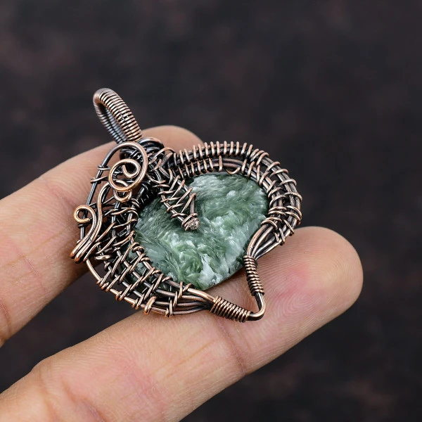 Seraphinite Oval Green Handmade Copper Wire Wrapped Pendant