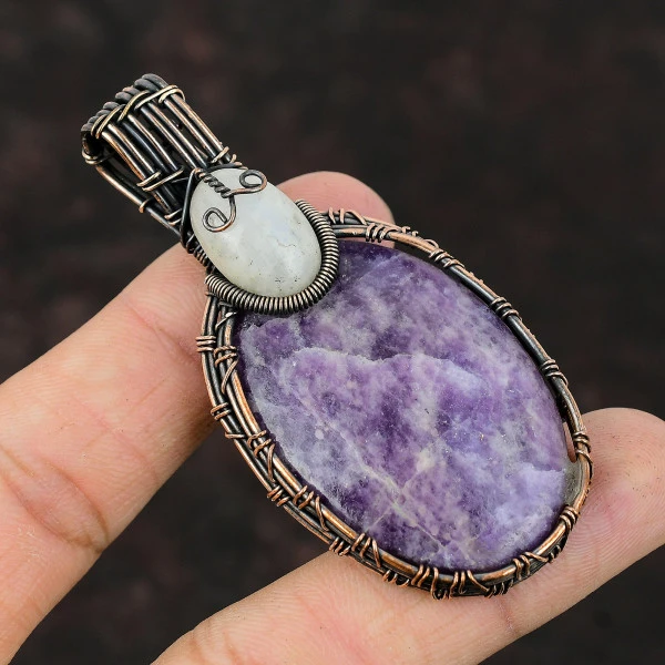 Lepidolite Oval Purple Handmade Copper Wire Wrapped Pendant