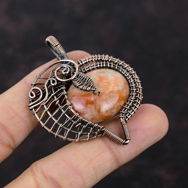 Sunstone Oval Orange Handmade Copper Wire Wrapped Pendant