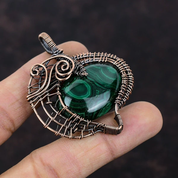 Malachite Oval Green Handmade Copper Wire Wrapped Pendant