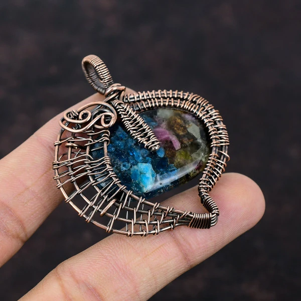 Watermelon Tourmaline Oval Blue Handmade Copper Wire Wrapped Pendant