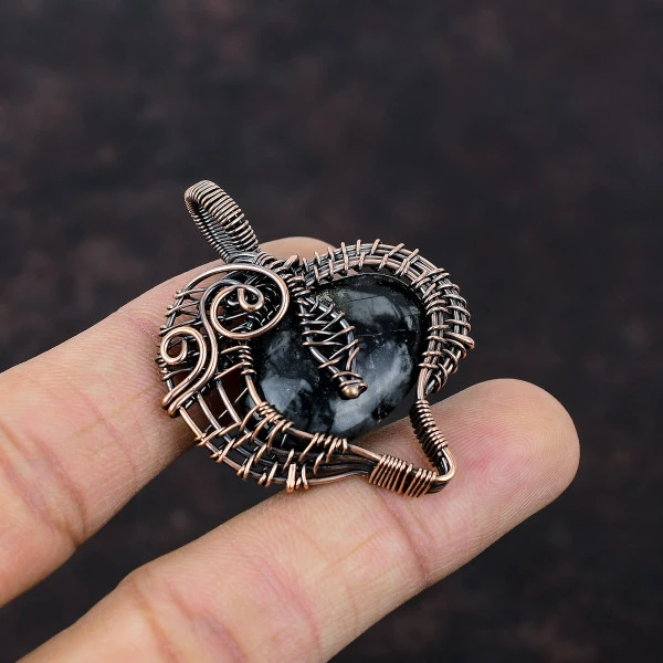 Picasso Jasper Oval Black Handmade Copper Wire Wrapped Pendant