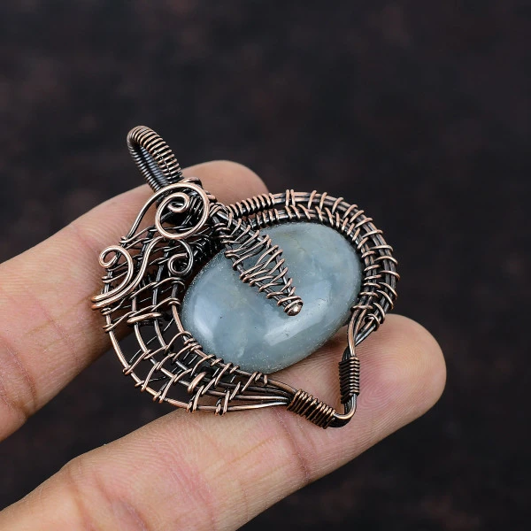 Aquamarine Oval Green Handmade Copper Wire Wrapped Pendant