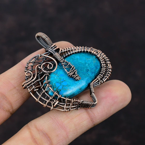 Tibetan Turquoise Oval Blue Handmade Copper Wire Wrapped Pendant