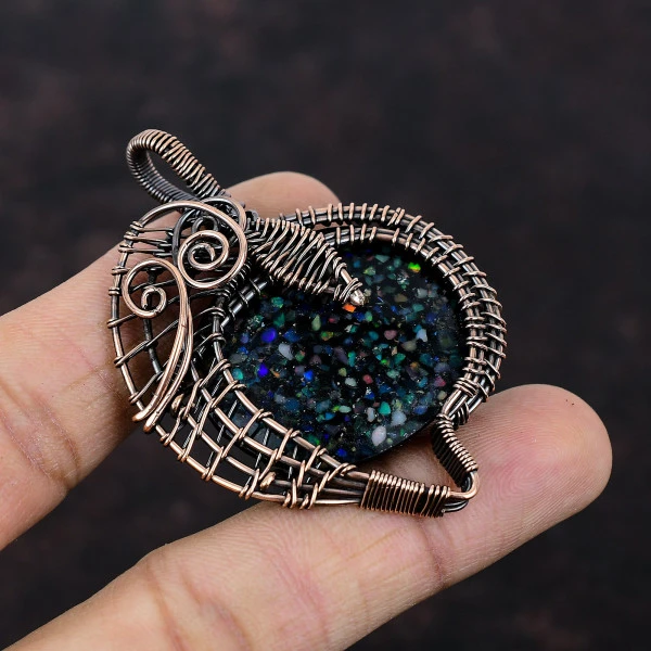 Black Ethiopian Opal Oval Black Handmade Copper Wire Wrapped Pendant