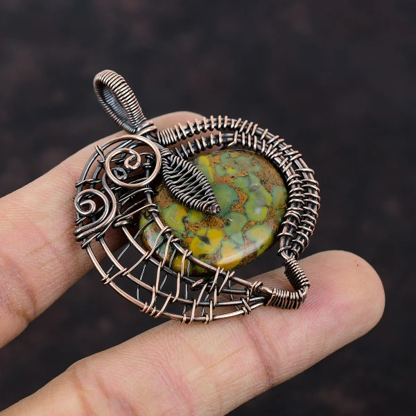 Fruit Jasper Oval Yellow Handmade Copper Wire Wrapped Pendant