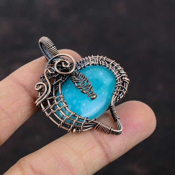 Smithsonite Oval Blue Handmade Copper Wire Wrapped Pendant