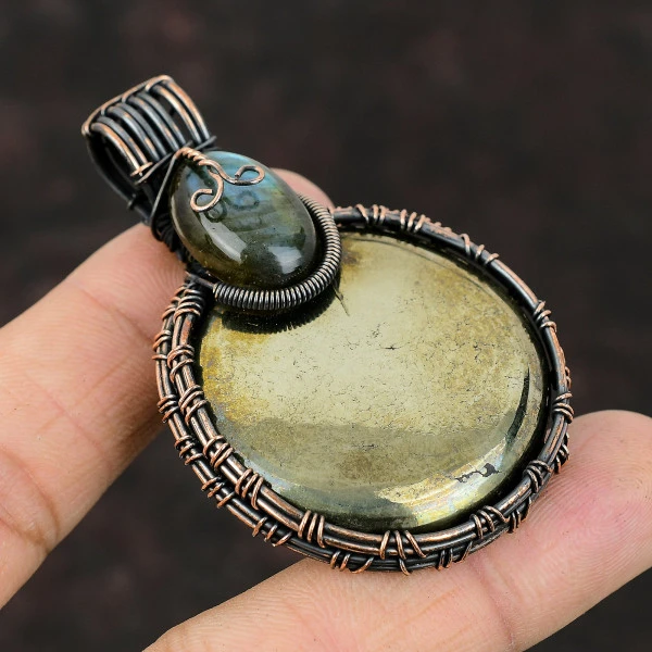 Pyrite Round Gold Handmade Copper Wire Wrapped Pendant