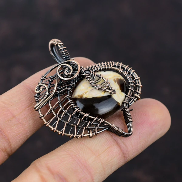 Peanut Wood Jasper Oval Brown Handmade Copper Wire Wrapped Pendant