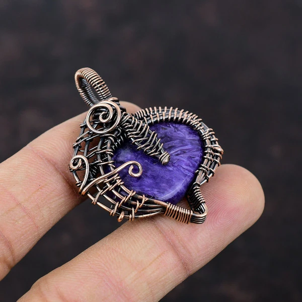 Charoite Oval Purple Handmade Copper Wire Wrapped Pendant