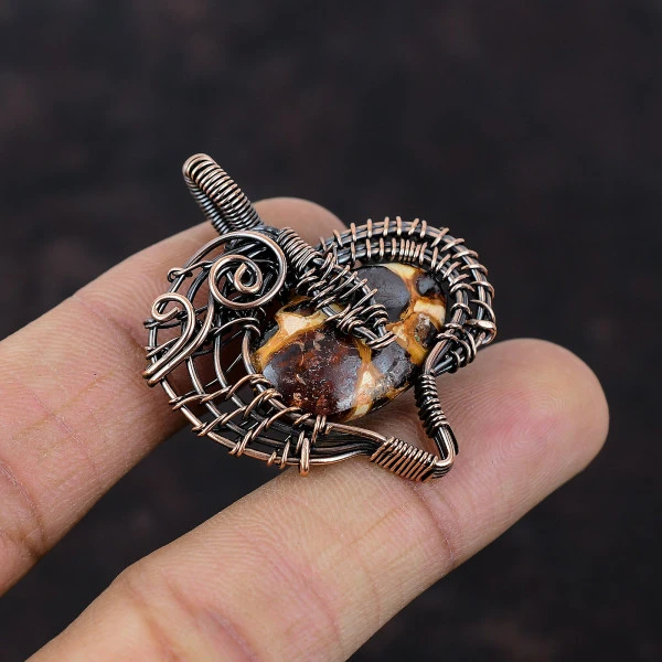 Bauxite Oval Red Handmade Copper Wire Wrapped Pendant