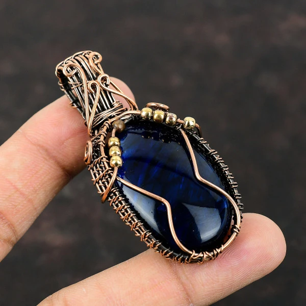 Blue Fire Labradorite Oval Blue Handmade Copper Wire Wrapped Pendant