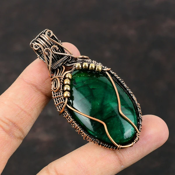 Green Fire Labradorite Oval Green Handmade Copper Wire Wrapped Pendant