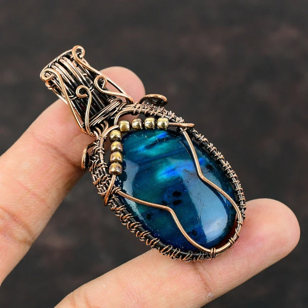 Neon Flash Labradorite Oval Blue Handmade Copper Wire Wrapped Pendant