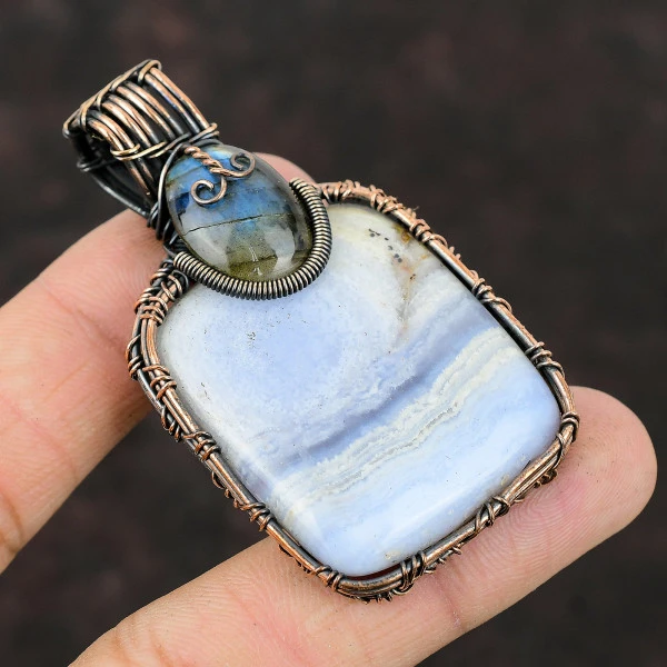 Blue Lace Agate Radiant Blue Handmade Copper Wire Wrapped Pendant