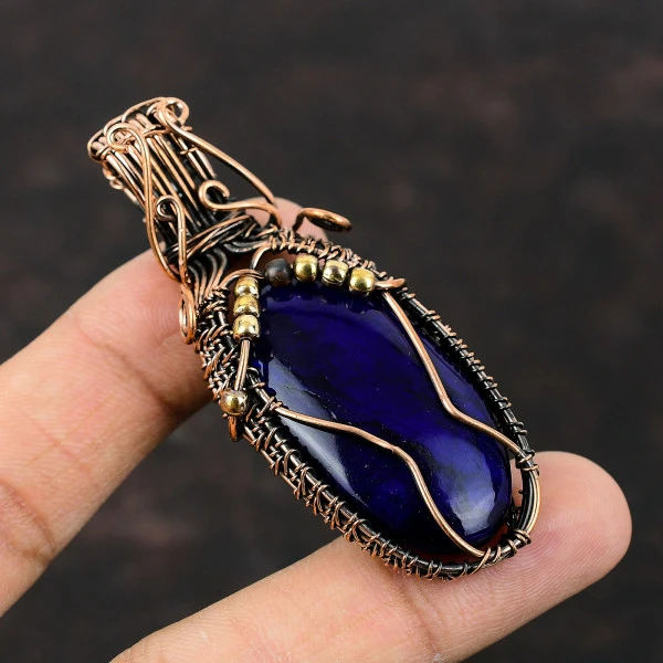 Blue Fire Labradorite Oval Blue Handmade Copper Wire Wrapped Pendant
