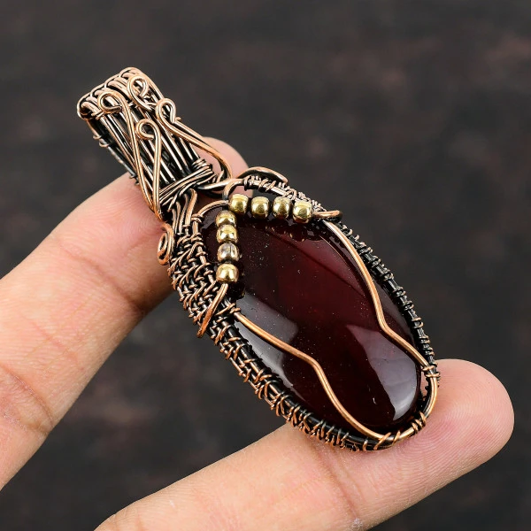 Red Fire Labradorite Oval Red Handmade Copper Wire Wrapped Pendant
