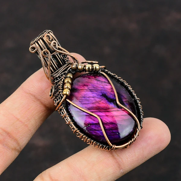 Pink & Purple Fire Labradorite Oval Pink Handmade Copper Wire Wrapped Pendant