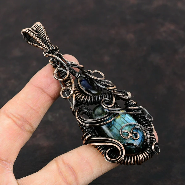 Labradorite Oval Gray Handmade Copper Wire Wrapped Pendant