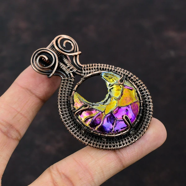 Titanium Druzy Crescent Pink Handmade Copper Wire Wrapped Pendant