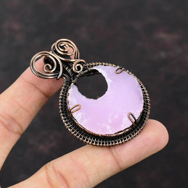 Pink Chalcedony Rough Crescent Pink Handmade Copper Wire Wrapped Pendant