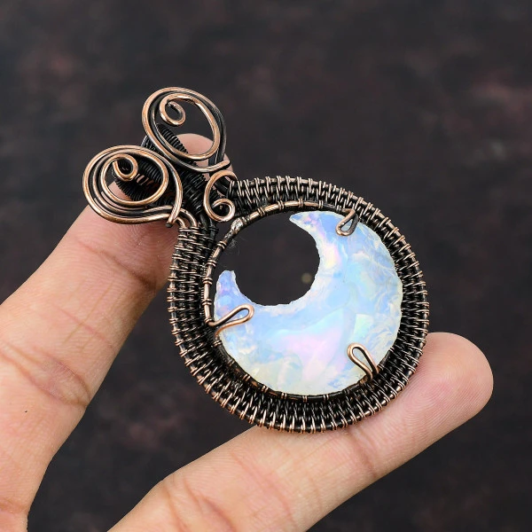 Milky Opal Rough Crescent White Handmade Copper Wire Wrapped Pendant