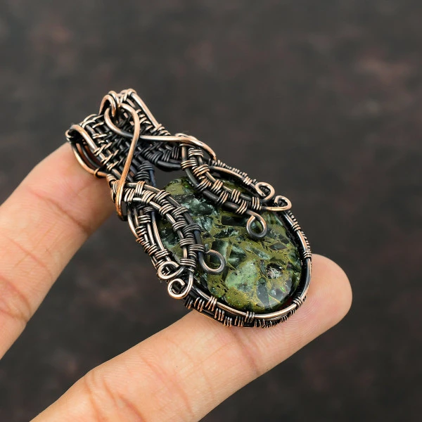 Copper Seraphinite Oval Green Handmade Copper Wire Wrapped Pendant