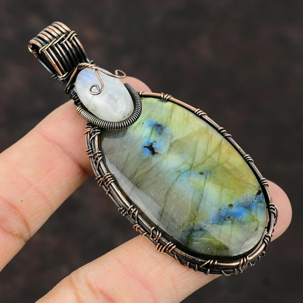 Labradorite Oval Gray Handmade Copper Wire Wrapped Pendant