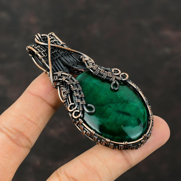 Green Fire Labradorite Oval Green Handmade Copper Wire Wrapped Pendant
