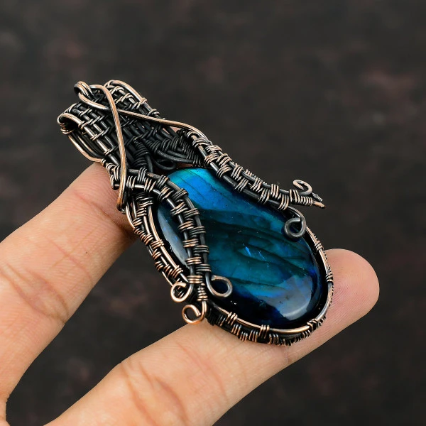 Neon Flash Labradorite Oval Blue Handmade Copper Wire Wrapped Pendant