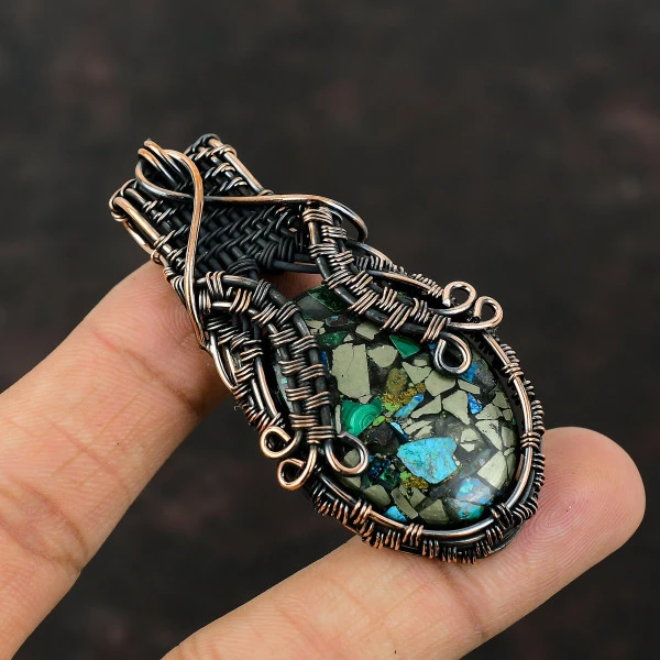 Copper Azurite Malachite Oval Green Handmade Copper Wire Wrapped Pendant