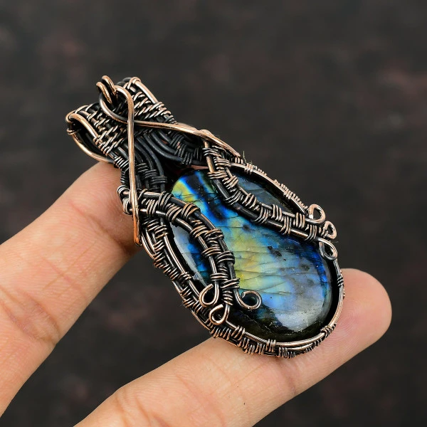 Labradorite Oval Gray Handmade Copper Wire Wrapped Pendant