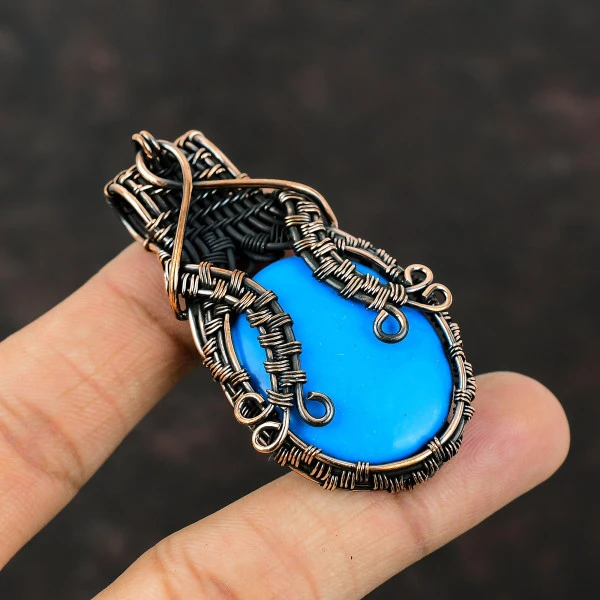 Sleeping Beauty Turquoise Oval Blue Handmade Copper Wire Wrapped Pendant
