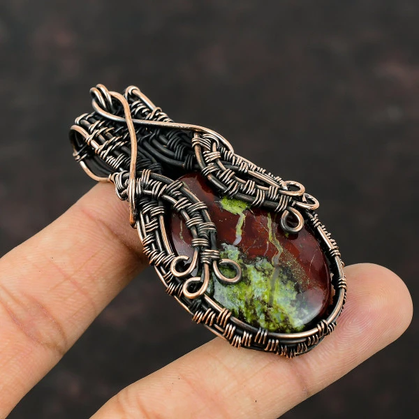 Dragon Bloodstone Oval Red Handmade Copper Wire Wrapped Pendant