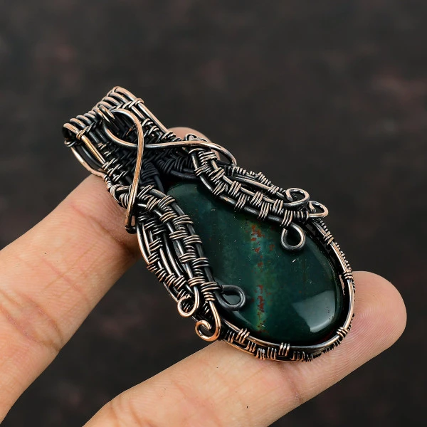 Bloodstone Oval Green Handmade Copper Wire Wrapped Pendant
