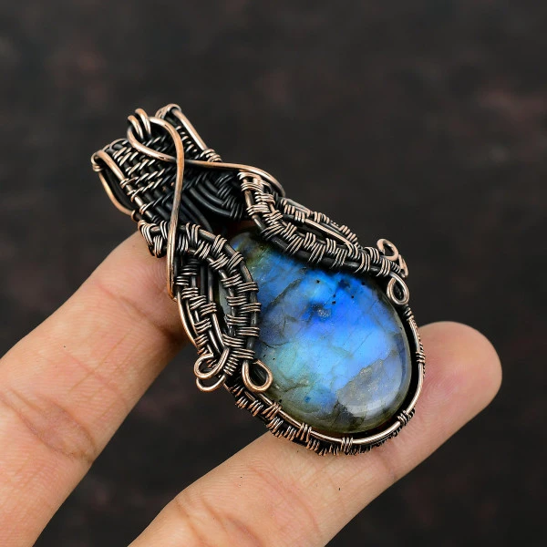 Labradorite Oval Gray Handmade Copper Wire Wrapped Pendant