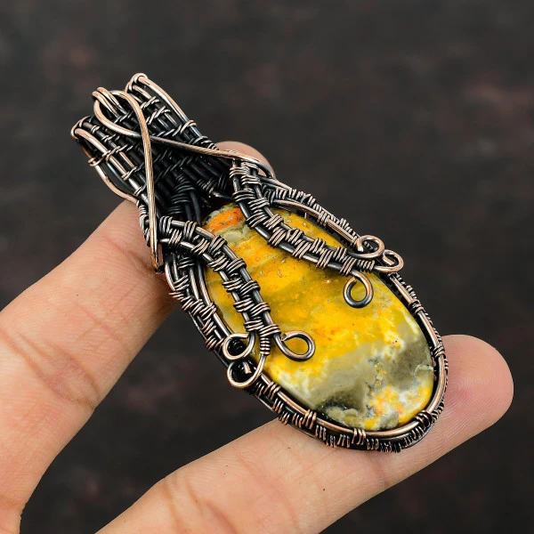 Bumble Bee Jasper Oval Yellow Handmade Copper Wire Wrapped Pendant