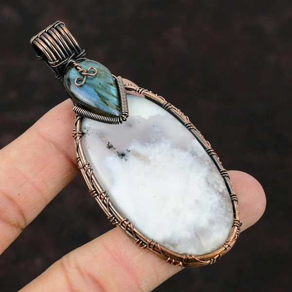 Dendrite Opal Oval White Handmade Copper Wire Wrapped Pendant