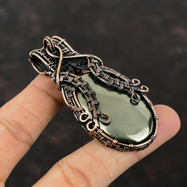 Apache Pyrite Oval Gold Handmade Copper Wire Wrapped Pendant