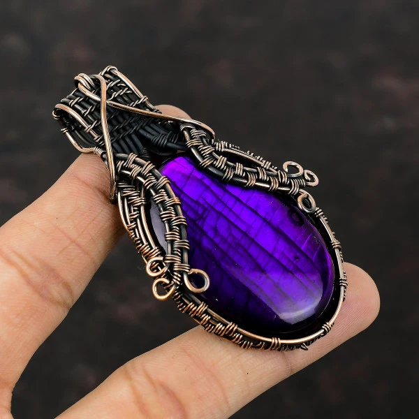 Purple Fire Labradorite Oval Purple Handmade Copper Wire Wrapped Pendant
