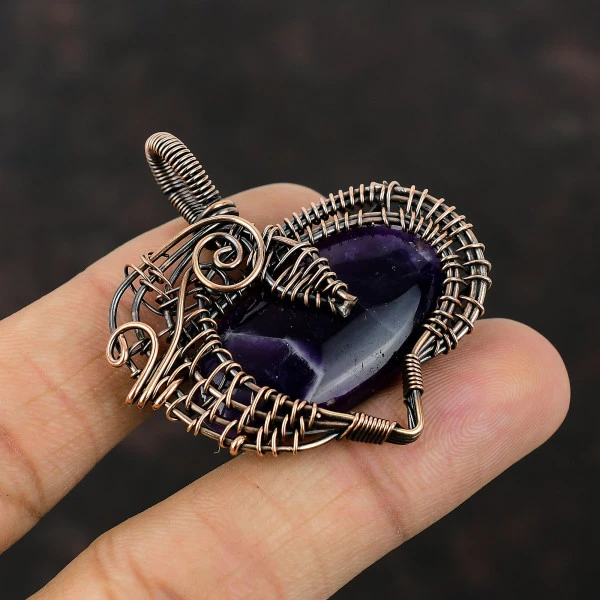 Chevron Amethyst Oval Purple Handmade Copper Wire Wrapped Pendant