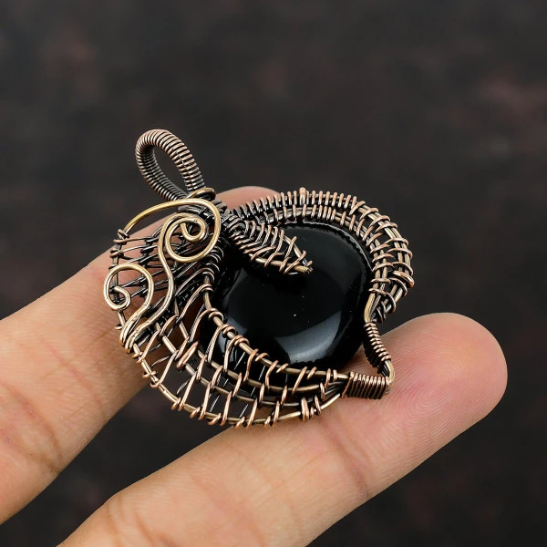 Black Onyx Oval Black Handmade Copper Wire Wrapped Pendant