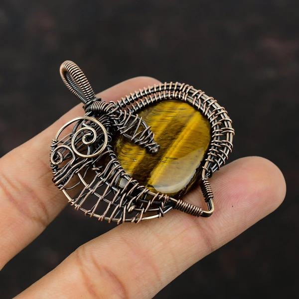 Tiger's Eye Oval Brown Handmade Copper Wire Wrapped Pendant
