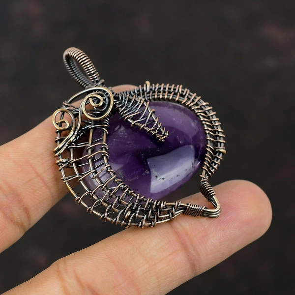 Star Amethyst Oval Purple Handmade Copper Wire Wrapped Pendant