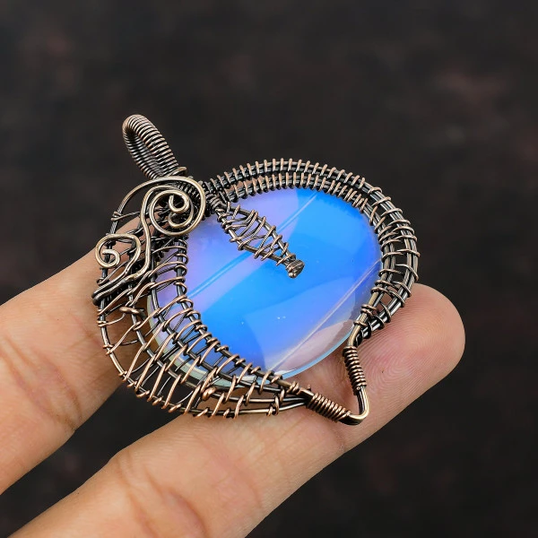Milky Opal Oval White Handmade Copper Wire Wrapped Pendant